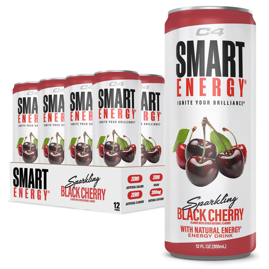 C4 Smart Energy Drink – Boost Focus and Energy with Zero Sugar, Natural Energy, and Nootropics - 200mg Caffeine - Black Cherry (12oz Pack of 12)