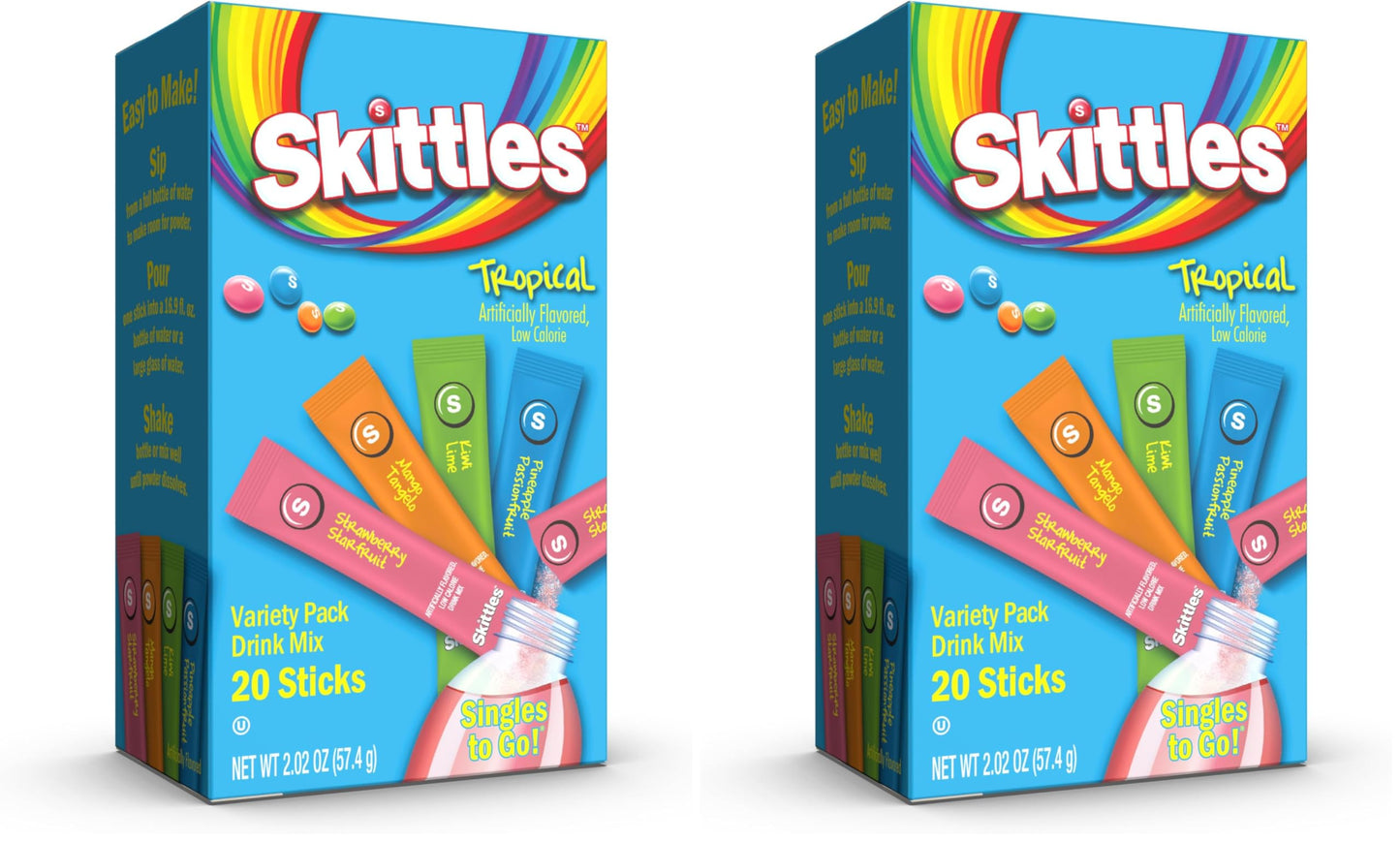 Skittles Singles To Go Variety Pack, Watertok Powdered Drink Mix, Zero Sugar, Low Calorie, Includes 4 Flavors, 1 Box (20 Single Servings) (Tropical) (Pack of 2)
