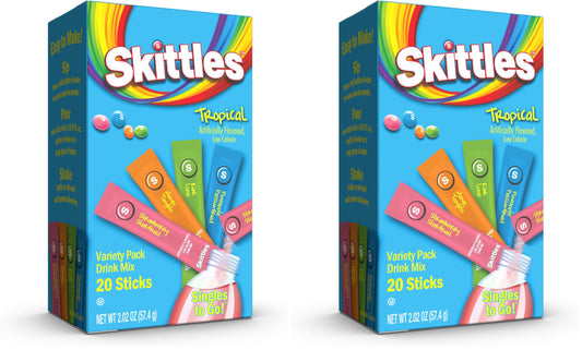 Skittles Singles To Go Variety Pack, Watertok Powdered Drink Mix, Zero Sugar, Low Calorie, Includes 4 Flavors, 1 Box (20 Single Servings) (Tropical) (Pack of 2)