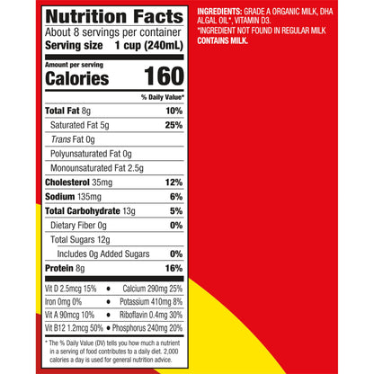 Horizon Organic DHA Omega-3 Milk, DHA Whole Milk, 64 fl oz Half Gallon Carton