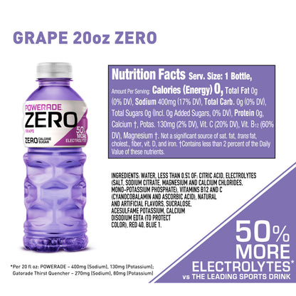 POWERADE Electrolyte Enhanced Zero Sugar Grape Sports Drink, 20 Ounce (Pack of 8)