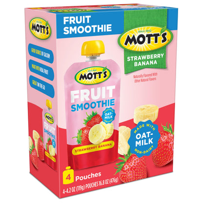 Mott’s Fruit Smoothies Strawberry Banana, 4.2 oz clear pouches, 4 Pack, Non-dairy, Made With Oatmilk, Made With Real Fruit, Good Source of Calcium, On-the-Go
