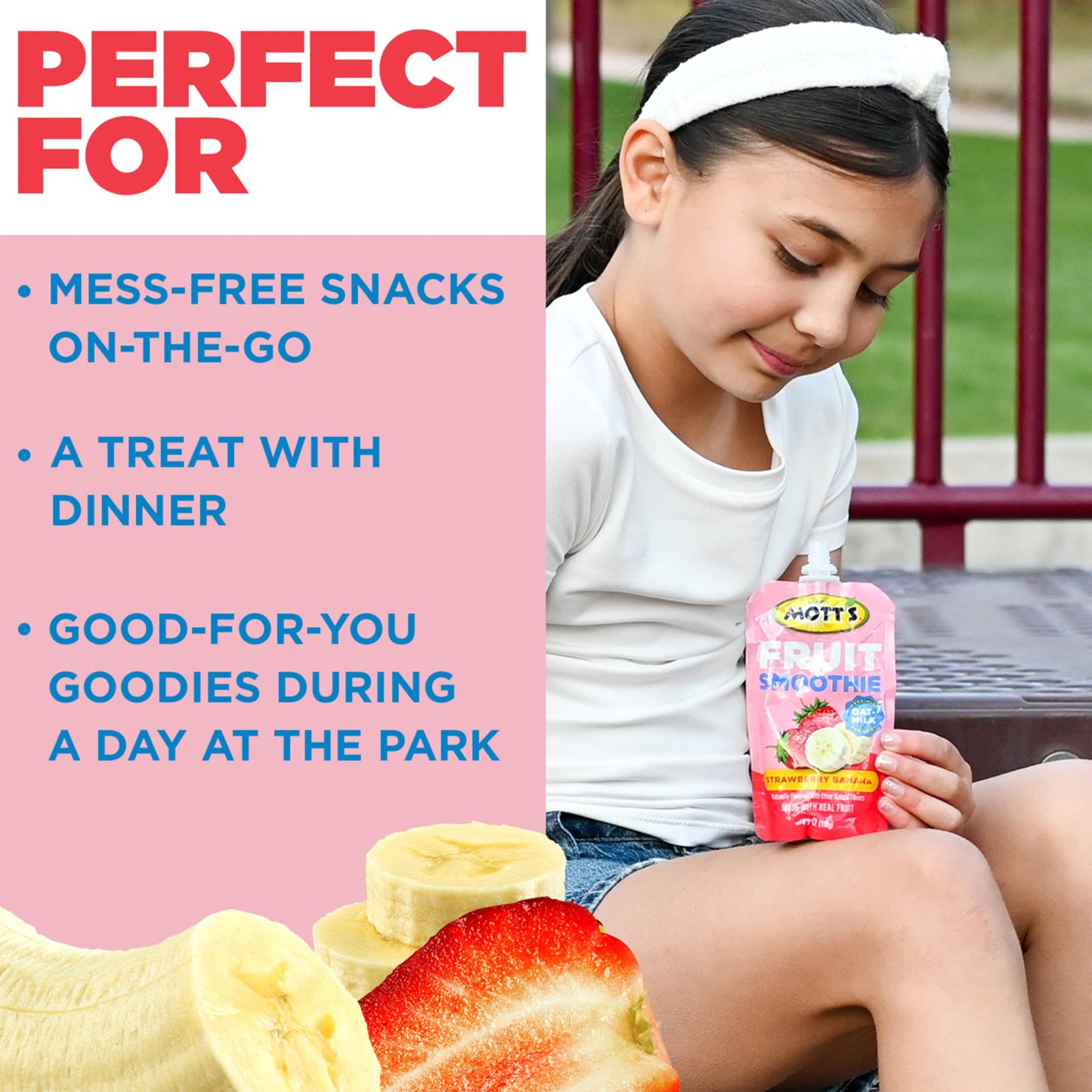 Mott’s Fruit Smoothies Strawberry Banana, 4.2 oz clear pouches, 8 Pack, Non-dairy, Made With Oatmilk, Made With Real Fruit, Good Source of Calcium, On-the-Go