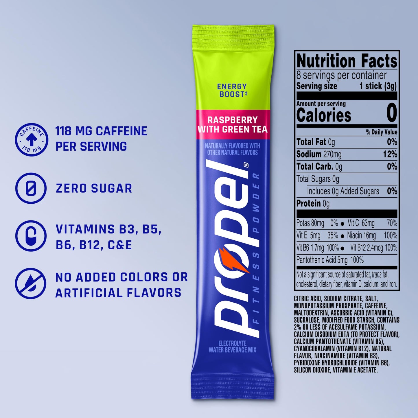 Propel Energy Boost Electrolyte Powder Drink Mix, Raspberry Green Tea, (96 Servings), 118mg Caffeine, Zero Sugar, Gatorade Electrolytes, Vitamins, No Added Colors, No Artificial Flavors, Hydration