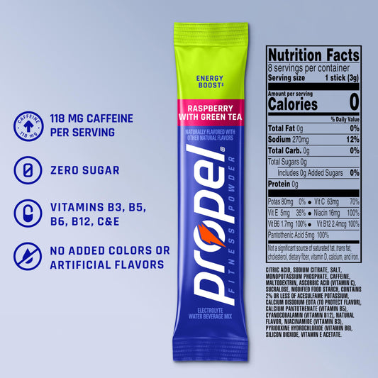 Propel Energy Boost Electrolyte Powder Drink Mix, Raspberry Green Tea, (96 Servings), 118mg Caffeine, Zero Sugar, Gatorade Electrolytes, Vitamins, No Added Colors, No Artificial Flavors, Hydration