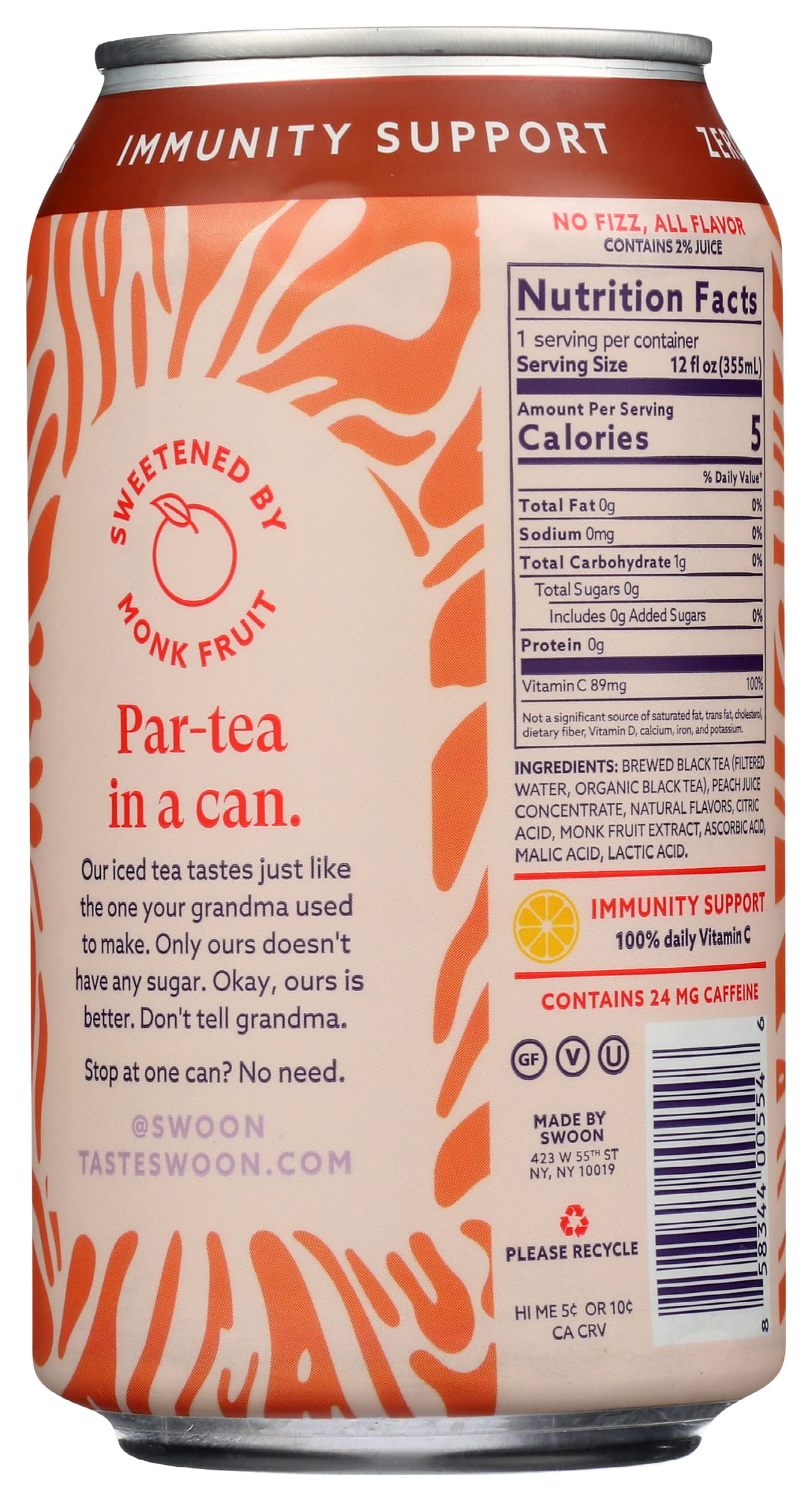 Swoon Peach Iced Tea, Zero Sugar, Gluten Free, 12 Fluid Ounce (Pack of 12)