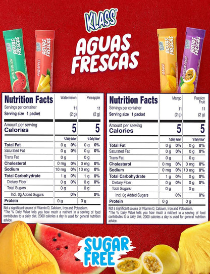 Klass Aguas Frescas, Powdered Drink Mix Variety Pack, 44 Singles Zero Sugar & Caffeine-Free Powder Packets, Water Drink Mix, Flavors: Mango, Watermelon, Pineapple & Passionfruit - 5 Calories Per Packet & Natural Flavors