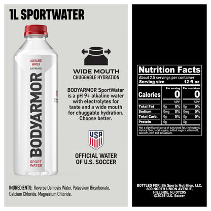 BODYARMOR SportWater Alkaline Water, Superior Hydration, High Alkaline Water pH 9+, Electrolytes, Perfect for your Active Lifestyle, 1 Liter (Pack of 12)