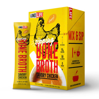LonoLife Chicken Bone Broth Powder Mix | 10g Protein | Collagen-Rich, Keto & Paleo Friendly | Natural Ingredients | 10 Portable Stick Pack Servings