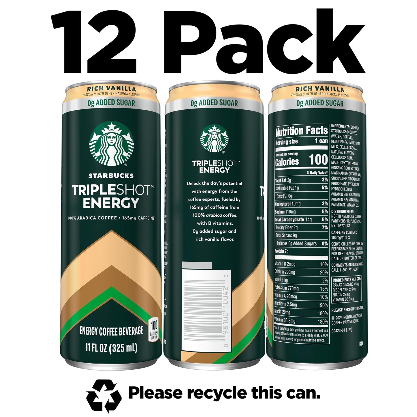 Starbucks Tripleshot Coffee Energy Drink, Vanilla, Triple Blend, 165mg Caffeine, B Vitamins, Protein, Iced Coffee, 11 fl oz Cans (12 Pack)