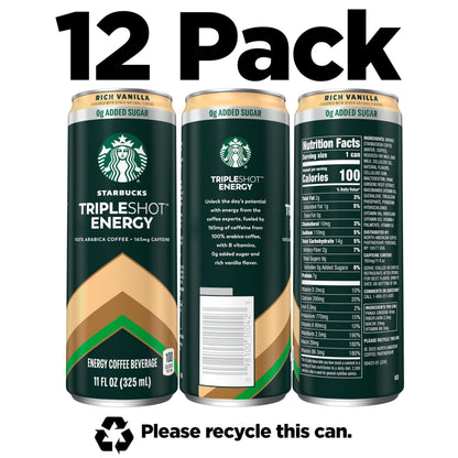 Starbucks Tripleshot Coffee Energy Drink, Vanilla, Triple Blend, 165mg Caffeine, B Vitamins, Protein, Iced Coffee, 11 fl oz Cans (12 Pack)