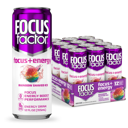 Focus Factor Energy Drink - 12 x 355ml Cans (Rainbow Shaved Ice Flavor) - with Focus + Energy - Lightly Carbonated, Sugar Free, Low Calorie with Vitamin B6 & Vitamin B12
