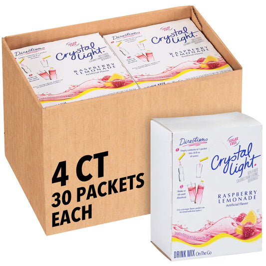 Crystal Light Single Serve Raspberry Lemonade Artificially Flavored Powdered Drink Mix, 120 per Case, 4 Boxes of 30 On-the-Go Packets
