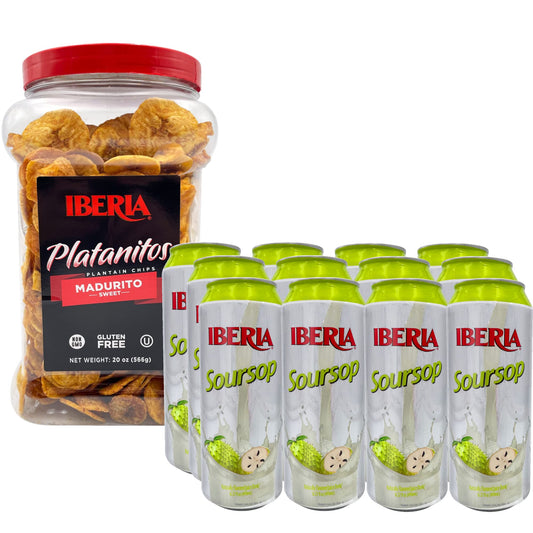 Iberia Soursop Juice Drink, 16.57 Fl Oz (Pack of 12) + Iberia Maduritos Naturally Sweet Plantain Chips, 20 Oz.