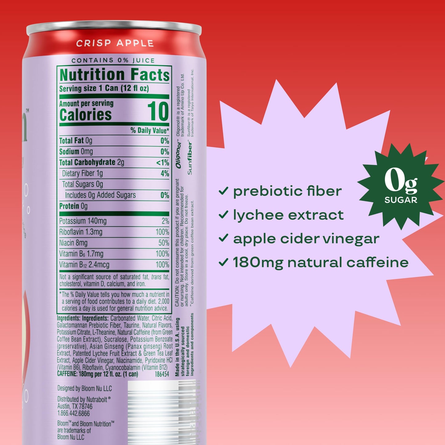 Bloom Nutrition Sparkling Energy Drink - Natural Caffeine, Zero Sugar, 180mg Caffeine - Antioxidant-Rich with Green Coffee Bean, Green Tea Extract, Prebiotics - Crisp Apple - 12oz 12 Pack