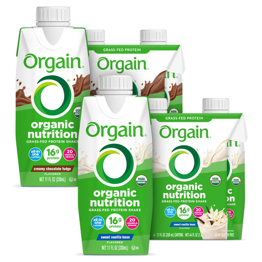 Orgain Creamy Chocolate Fudge, 11 Oz Container, 4 Count + Orgain Organic Nutrition Shake, Sweet Vanilla Bean, 11 Oz, 4 Count