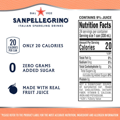 Sanpellegrino Zero Grams Added Sugar Italian Sparkling Drinks, Sparkling Peach Clementine Beverage, 11.15 Fl Oz (Pack of 24)