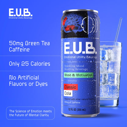 E.U.B. Classic Cola Sparkling Functional Beverage, 12oz Can, 50mg Caffeine, 25 Calories, with Nootropics & Adaptogens for Mood & Energy Support