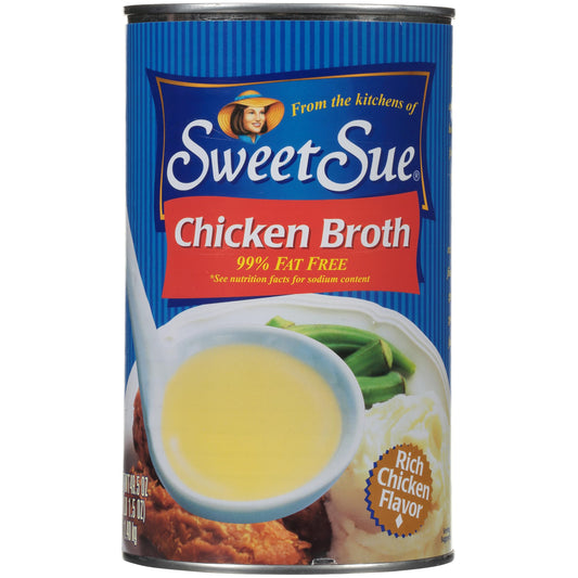 Sweet Sue Chicken Broth, 49.5 oz Club Pack Can, 99% Fat Free, Gluten Free, Keto Friendly (Pack of 1)