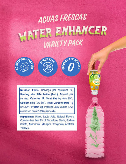 Klass Aguas Frescas | Liquid Water Enhancer | Classic Variety Pack | Flavors: Cucumber Limeade Strawberry Watermelon Hibiscus Berries & Pineapple Tangerine | Naturally Flavored | Sugar Free | Zero Calories Per Serving | Keto | 4 Bottles, Makes 96 Drinks