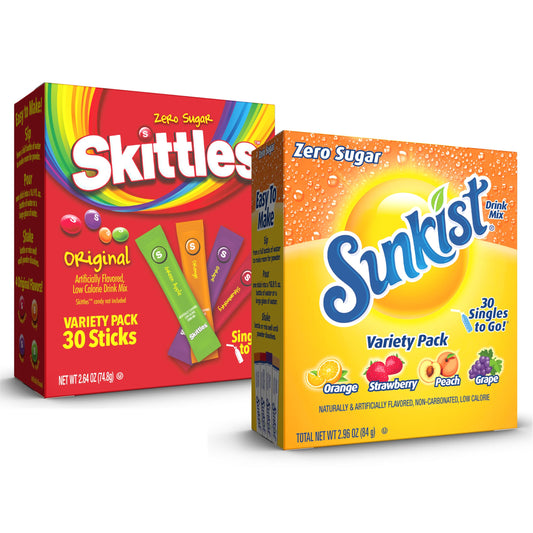 Sunkist Soda & Skittles Original Variety Pack, Singles To Go Powdered Drink Mix, Zero Sugar, Low Calorie Orange, Strawberry, Grape and Peach, Green Apple, Strawberry, Grape, Orange, (60 Single Servin