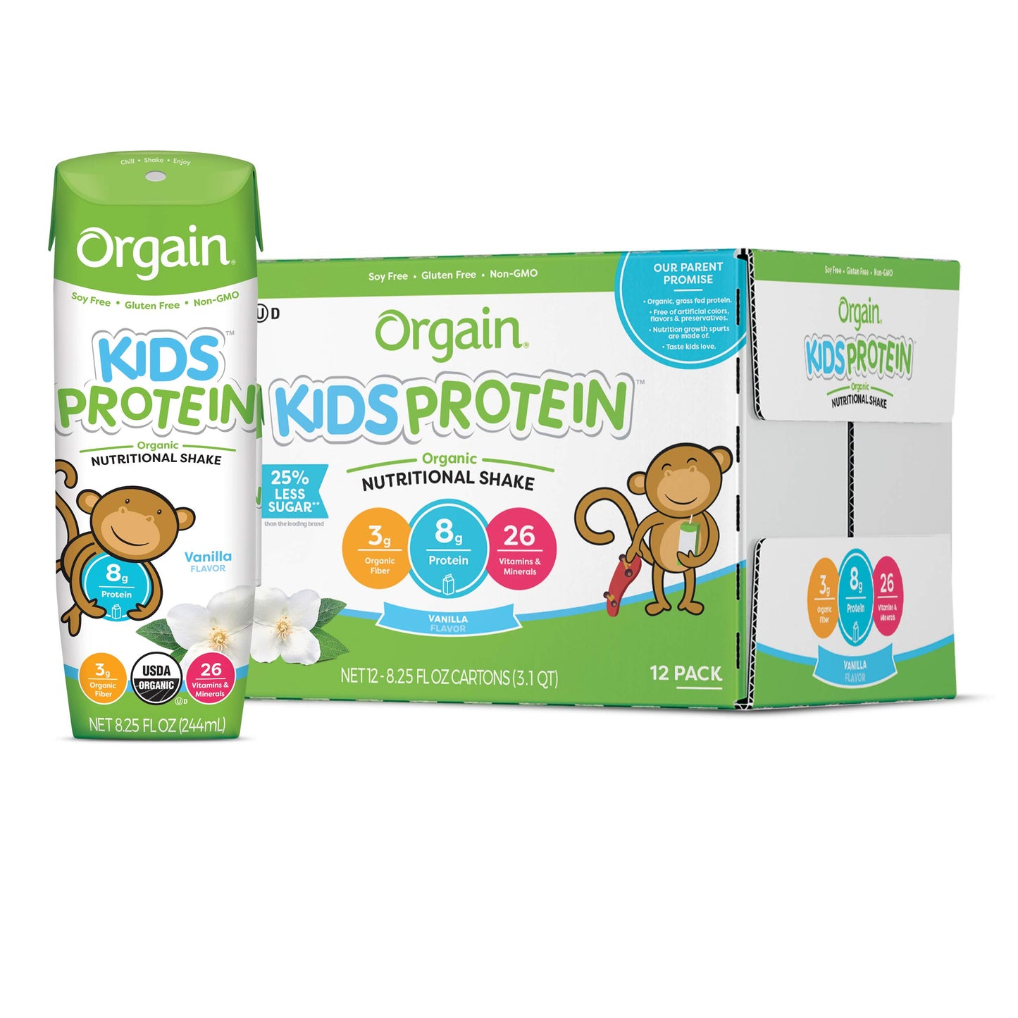 Orgain Organic Protein + Superfoods Powder, Vanilla Bean (2.02lb) and Orgain Organic Kids Nutritional Protein Shake, Vanilla (Pack of 12)