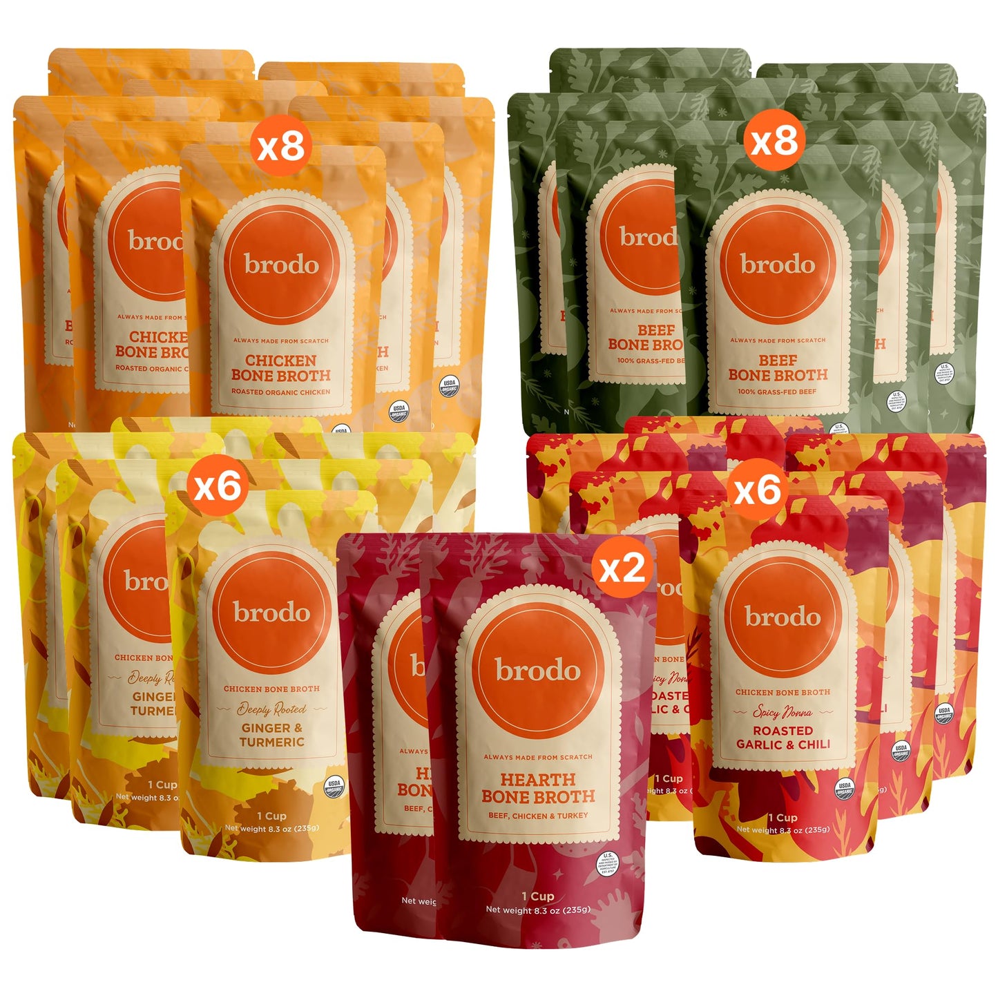 Brodo Bone Broth Ultimate Variety Bundle, 5 Flavors, 6 Cups Each (30 Cups Total)