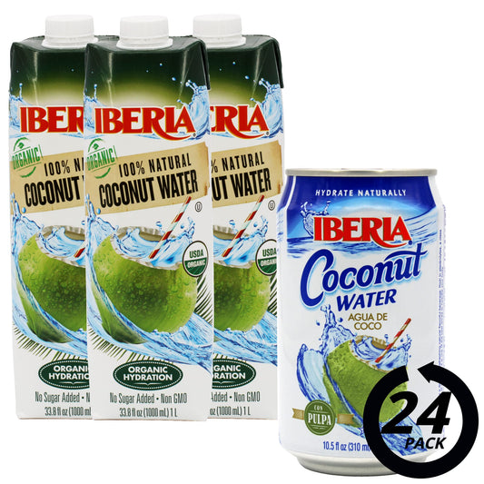 Iberia 100% Pure Organic Coconut Water, 1 Liter, 33.8 Fl Oz (Pack of 3) + Iberia Coconut Water With Pulp, 10.5 Fl Oz (Pack of 24)