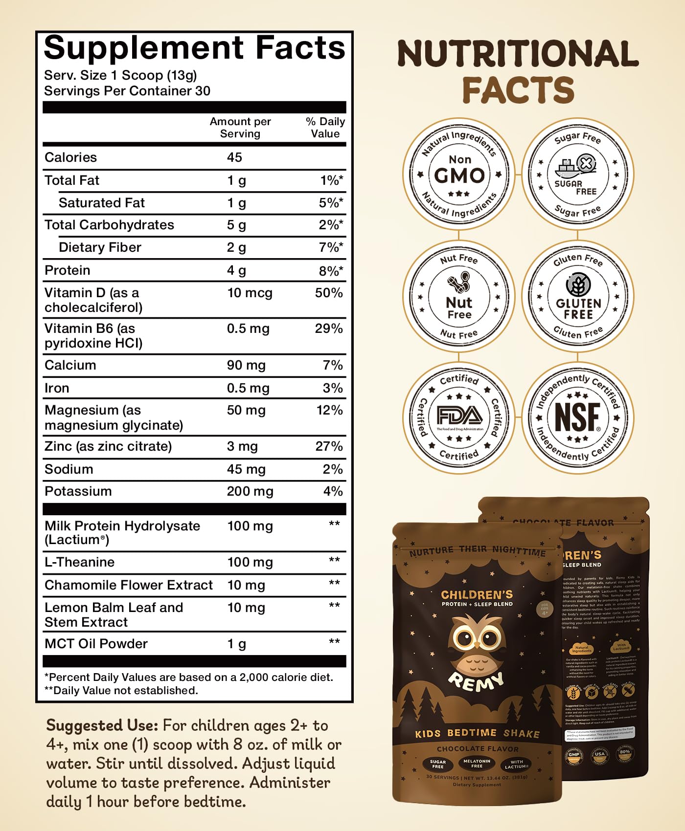 Remy Protein Sleep Aid Supplements for Kids, Melatonin-Free Formula, Lactium, L Theanine, Vitamin D, B6, Calcium & Herbal Extracts, Balanced Nutritional Drink, Non GMO, Powder