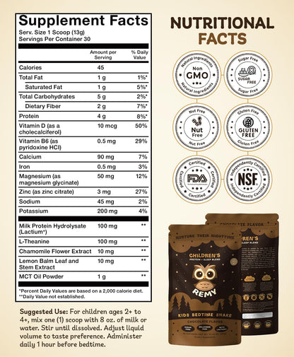 Remy Protein Sleep Aid Supplements for Kids, Melatonin-Free Formula, Lactium, L Theanine, Vitamin D, B6, Calcium & Herbal Extracts, Balanced Nutritional Drink, Non GMO, Powder