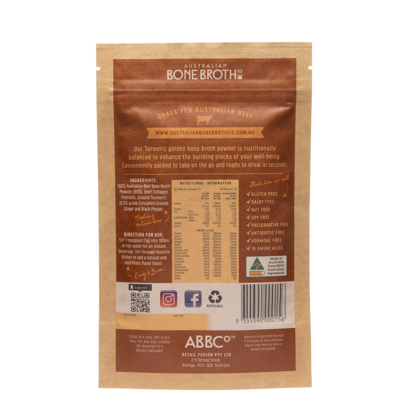 ABBCo Australian Beef Bone Broth Powder with Turmeric, Collagen Peptides - Support Bone Health, Enhance Energy & Mood, Aid Digestion - Gluten & Dairy Free, No Preservatives - 100g