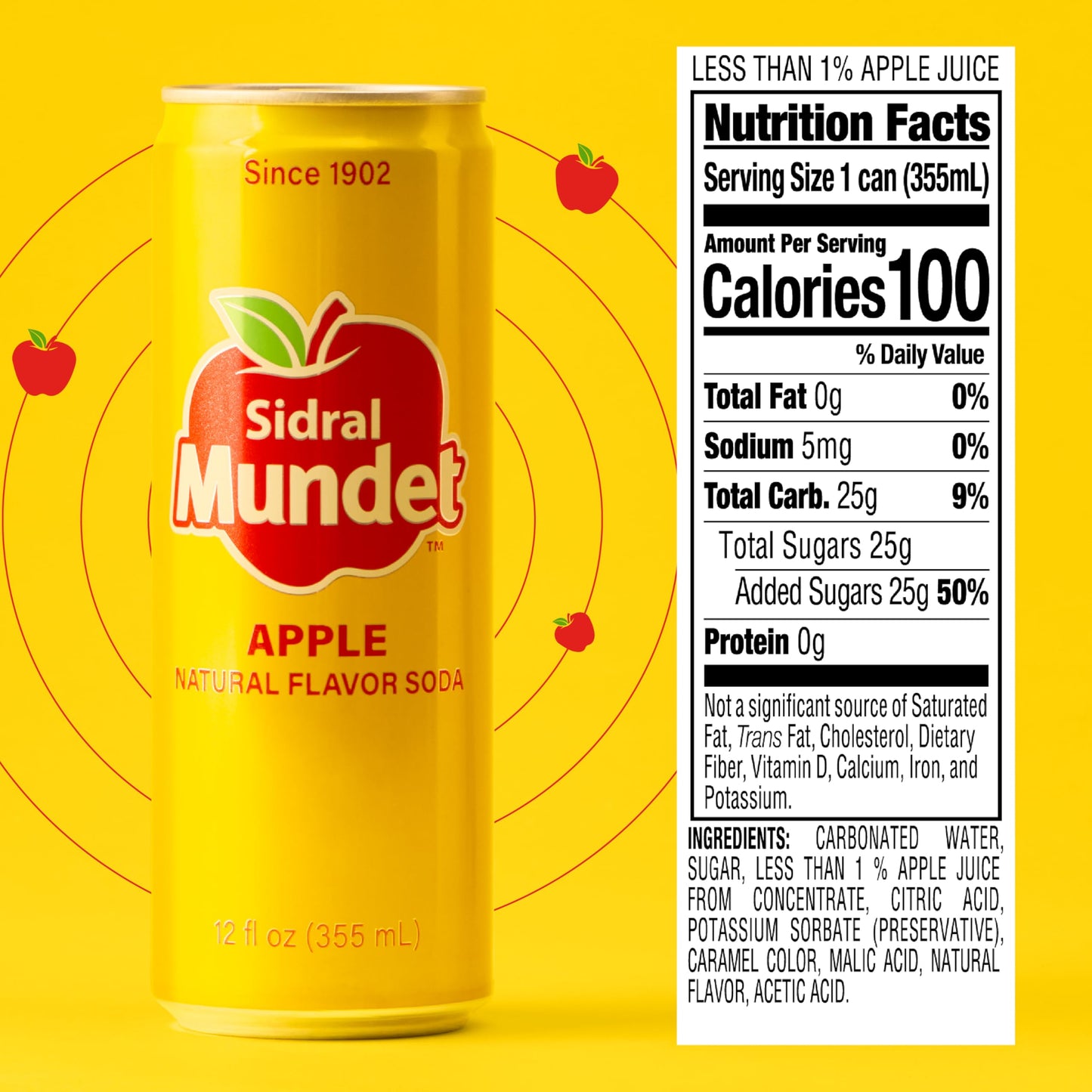 Sidral Mundet - Mexican Soda Soft Drinks, Apple (12 oz, 355ml) 24 Cans - Caffeine Free, Gluten Free - Real Cane Sugar - 0g Fat - Made in Mexico - Natural Flavor Soda Pop - Over 120 Years