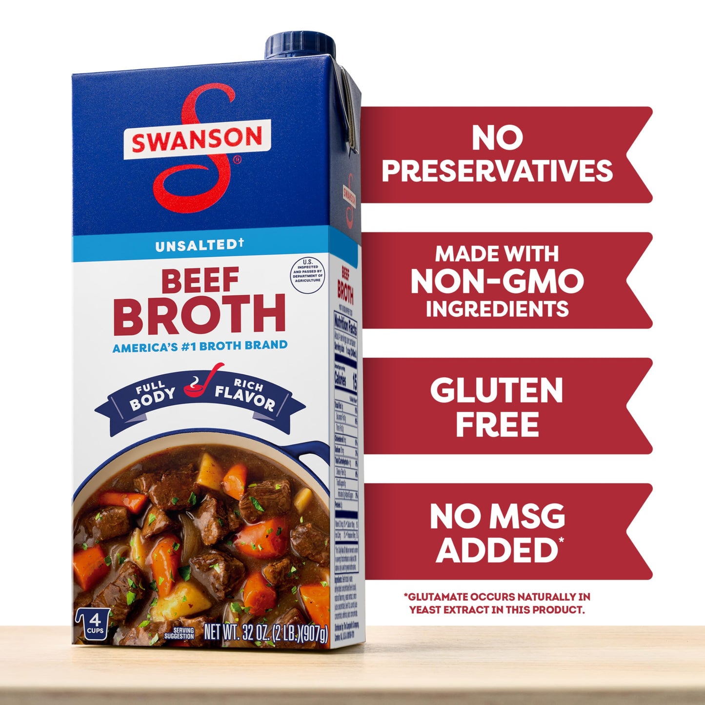 SWANSON S 100% Natural Unsalted Beef Broth, 32 oz Carton (Pack of 4)