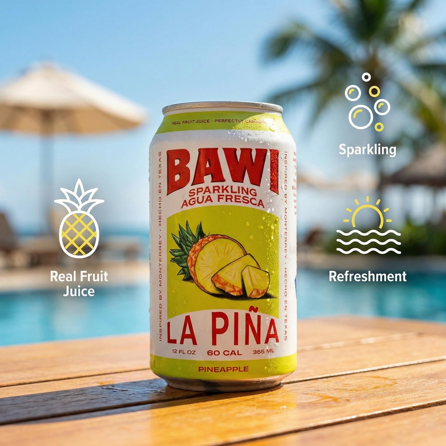 Bawi Agua Fresca Sparkling Pineapple Water – 12 Fl oz – 12 Pack Cans – Mexican Drinks Agua Fresca – Guayaba Inspired Flavor – Alternative to Mineragua Sparkling Water and Tepache Mexican Soda with Food Bag Clips