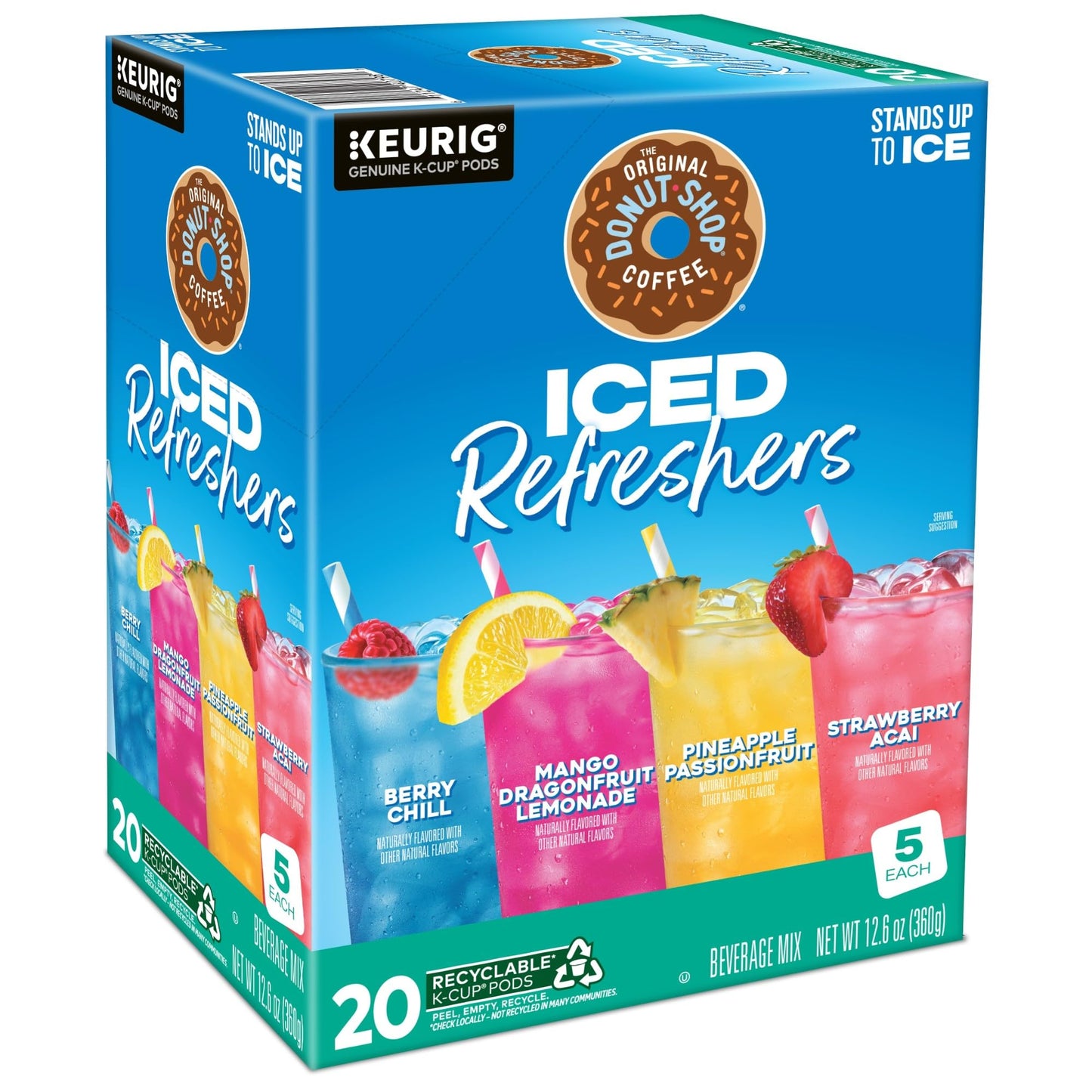 The Original Donut Shop, Iced Refreshers, Keurig Single Serve K-Cup Pod Variety Pack, Strawberry Acai, Pineapple Passionfruit, Mango Dragonfruit Lemonade, Berry Chill, 20-Count