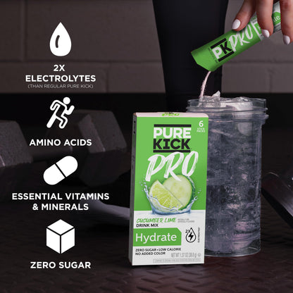 PURE KICK PRO Hydration Electrolyte Drink Mix, Cucumber Lime, Includes 1 Box with 6 Packets in Each Box