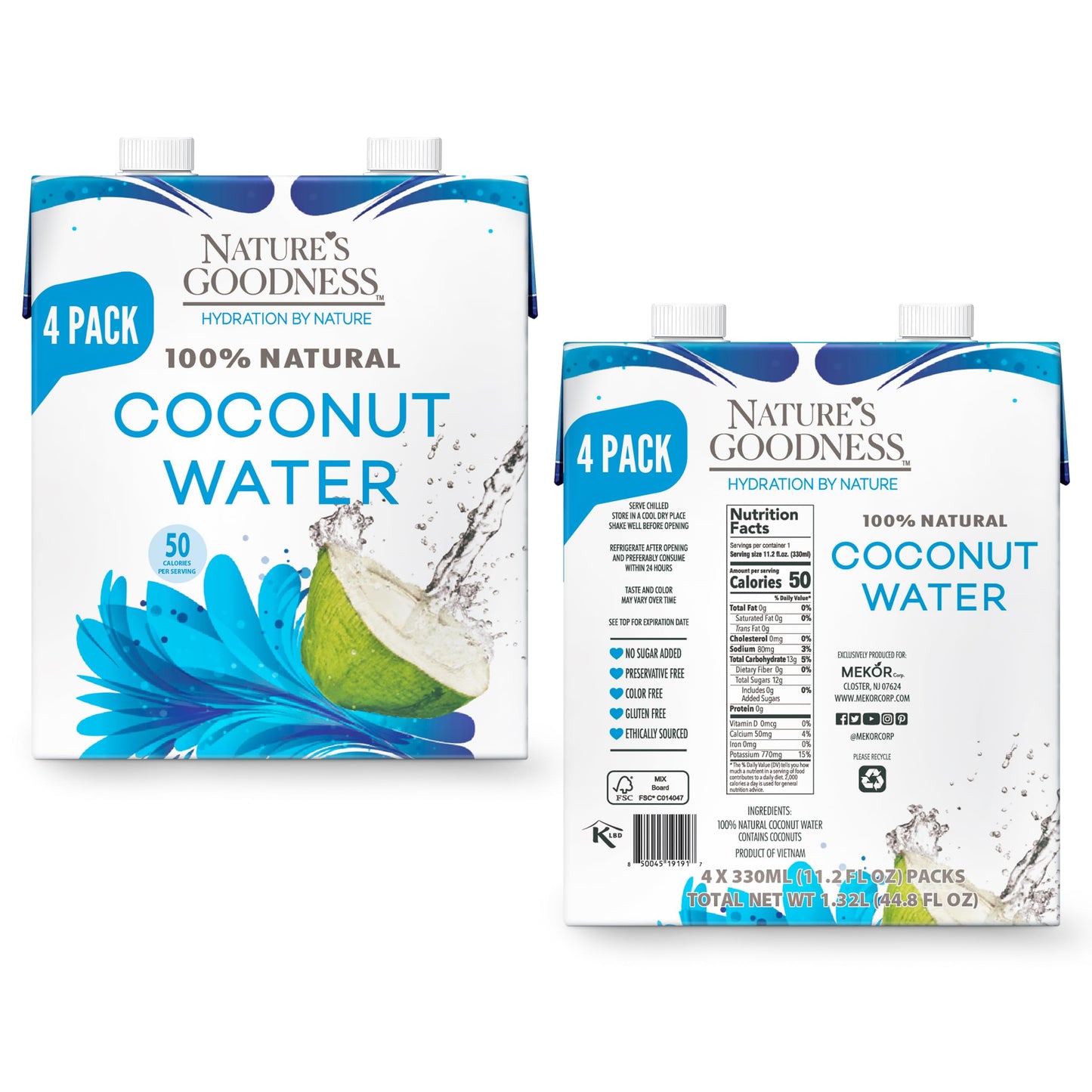Nature's Goodness Coconut Water No Sugar Added - Unsweetened, Fat Free, Plant-Based Electrolyte Drink - 4 Pack 44.8 Fl Oz Total (4 x 330 ml) - Hydration Support for Fitness & Smoothies - Made Not From Concentrate