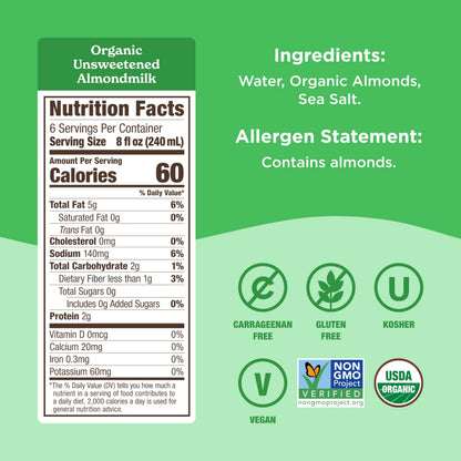 Califia Farms - Organic Unsweetened Almond Milk, 48 Oz, Dairy Free, Keto, Vegan, Plant Based, Organic Milk, Non GMO, Low Calorie, USDA Organic
