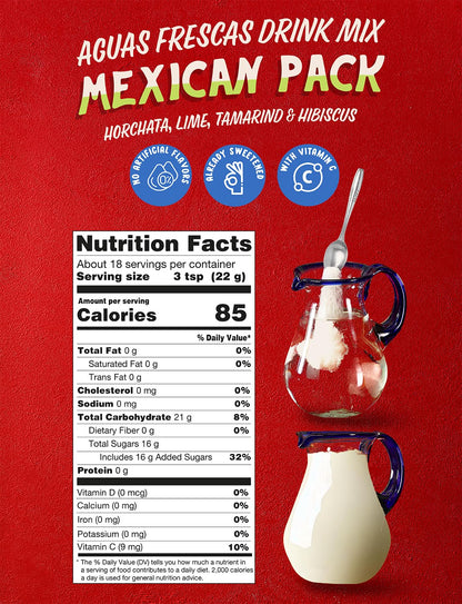 Klass Aguas Frescas Drink Mix Mexican Variety Pack - Horchata Limeade Hibiscus & Tamarind - Powder Drink Mix, Water Drink Mix with Natural Flavors & Vitamin C, Makes 28 to 36 Quarts (56 to 72 Drinks)