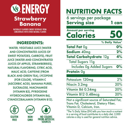 V8 Energy Strawberry Banana Juice Energy Drink, 8 fl oz Can (24 Pack)
