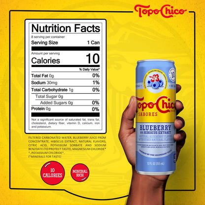 Topo Chico Sabores Blueberry with Hibiscus Extract Flavored Sparkling Water, 12 fl oz Portable Cans, 8 Pack