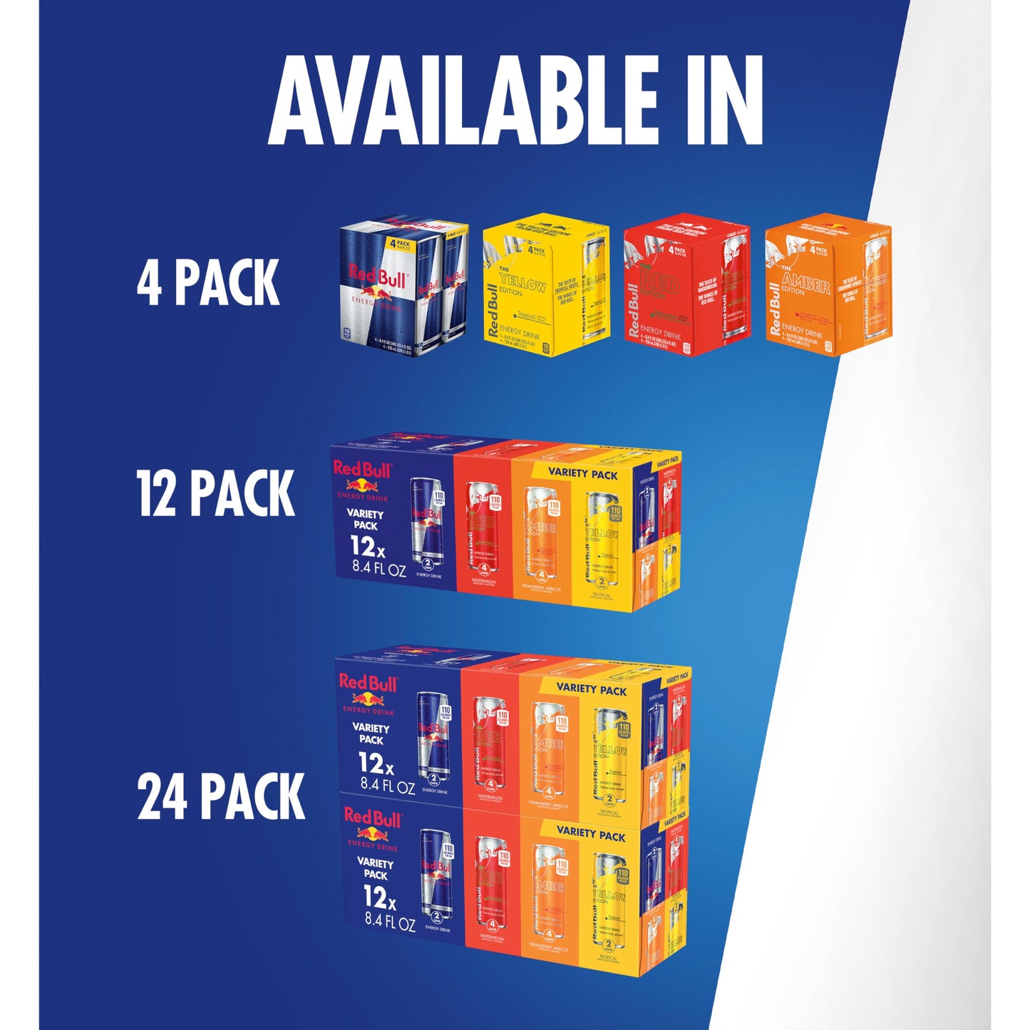Red Bull Energy Drink Variety, Red-Bull Red, Yellow, and Amber Edition and Energy Drinks, 8.4 Fl Oz, Cans, (Pack of 48)