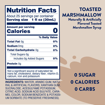 Jordan's Skinny Mixes Sugar Free Coffee Syrup, Toasted Marshmallow Coffee Flavoring Syrup, Zero Calorie Drink Mix, Lattes, Baking, Protein Shake or Cocktail, Dairy & Gluten Free, Kosher, 25.4 Fl Oz