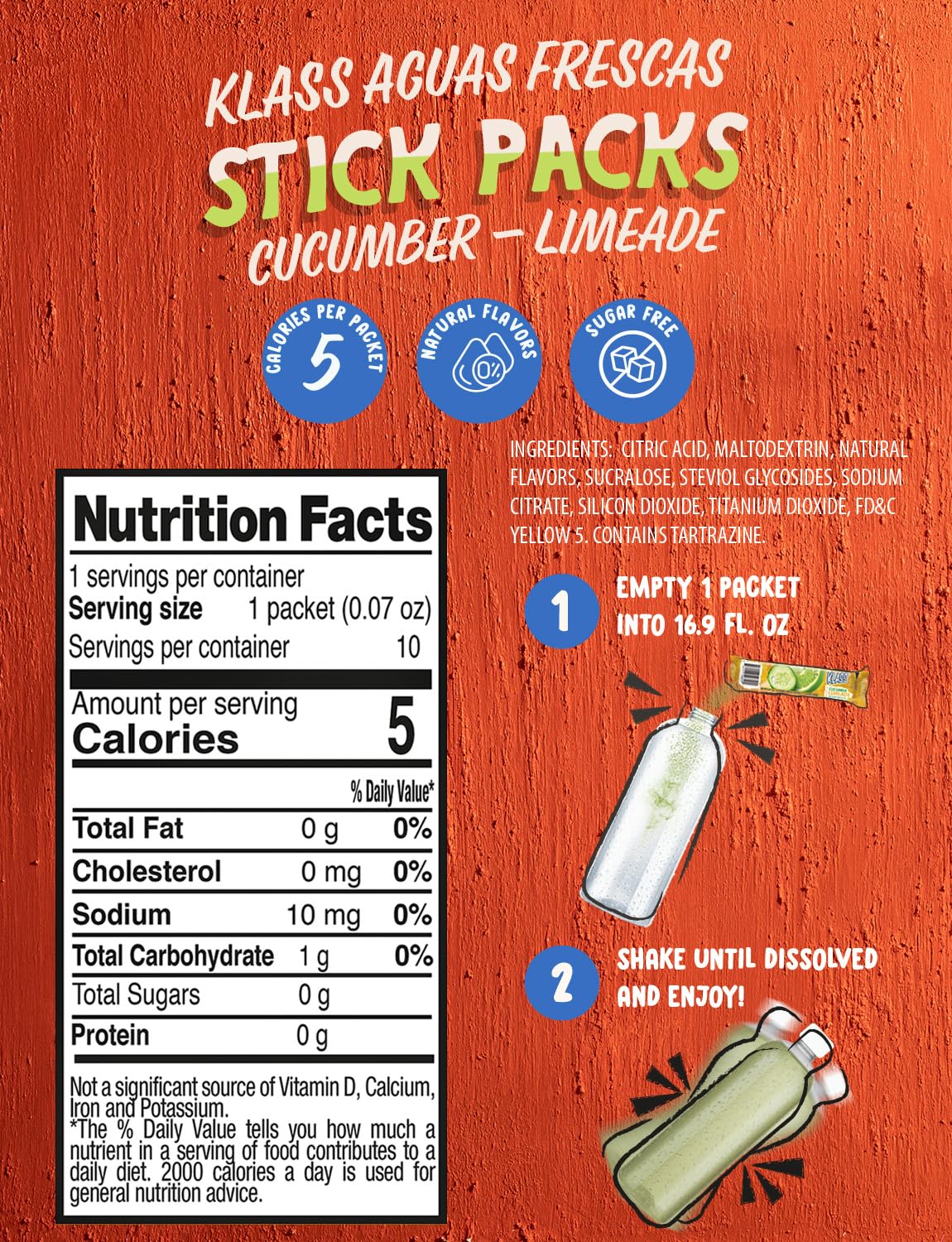 Klass Aguas Frescas, Powdered Drink Mix, 40 Singles Zero Sugar & Caffeine-Free Powder Packets, Water Drink Mix, Flavor: Cucumber Limeade - 5 Calories Per Packet & Natural Flavors