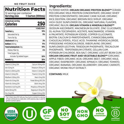 Orgain Organic Nutritional Shake, Vanilla Bean - Meal Replacement, 16g Protein, 20 Vitamins & Minerals, Gluten Free, Soy Free, Kosher, Non-GMO, 11 Ounce, 12 Count (Packaging May Vary) (Pack of 2)