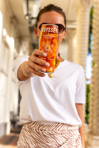 Odyssey Elixir Sparkling Adaptogen Drink, Low Calorie Drinks with L Theanine, Lions Mane, Cordyceps and Green Tea Caffeine for Energy and Focus, Non-GMO, Vegan,12 Fl oz, 4 Pack (Orange Ginger)