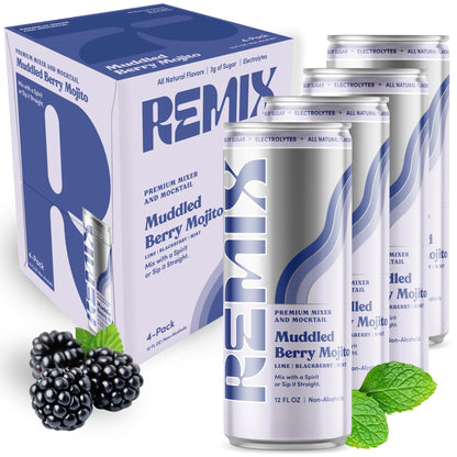 Remix Non-Alcoholic Drinks & Mocktails - Alcohol Replacement Beverage with All-Natural Flavors, Real Juice & Electrolytes - Low Sugar & Calorie Non-Alcoholic Spirits (4 Pack, Muddled Berry Mojito)