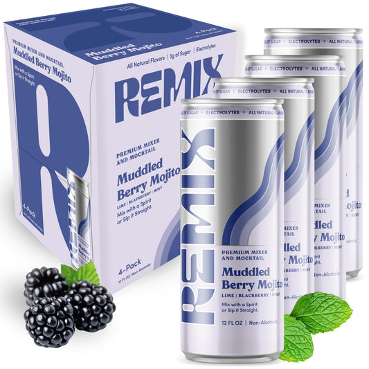Remix Non-Alcoholic Drinks & Mocktails - Alcohol Replacement Beverage with All-Natural Flavors, Real Juice & Electrolytes - Low Sugar & Calorie Non-Alcoholic Spirits (4 Pack, Muddled Berry Mojito)