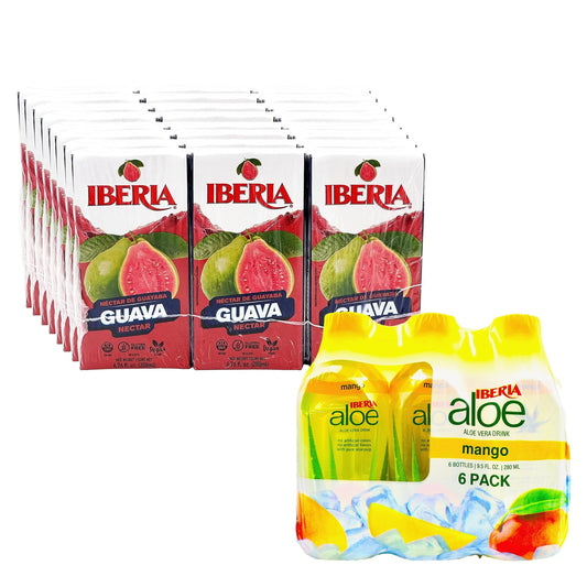Iberia Guava Nectar, 6.8 fl oz (Pack of 24) + Iberia Aloe Vera Drink with Pulp 9.5 fl oz, Mango (Pack of 6)