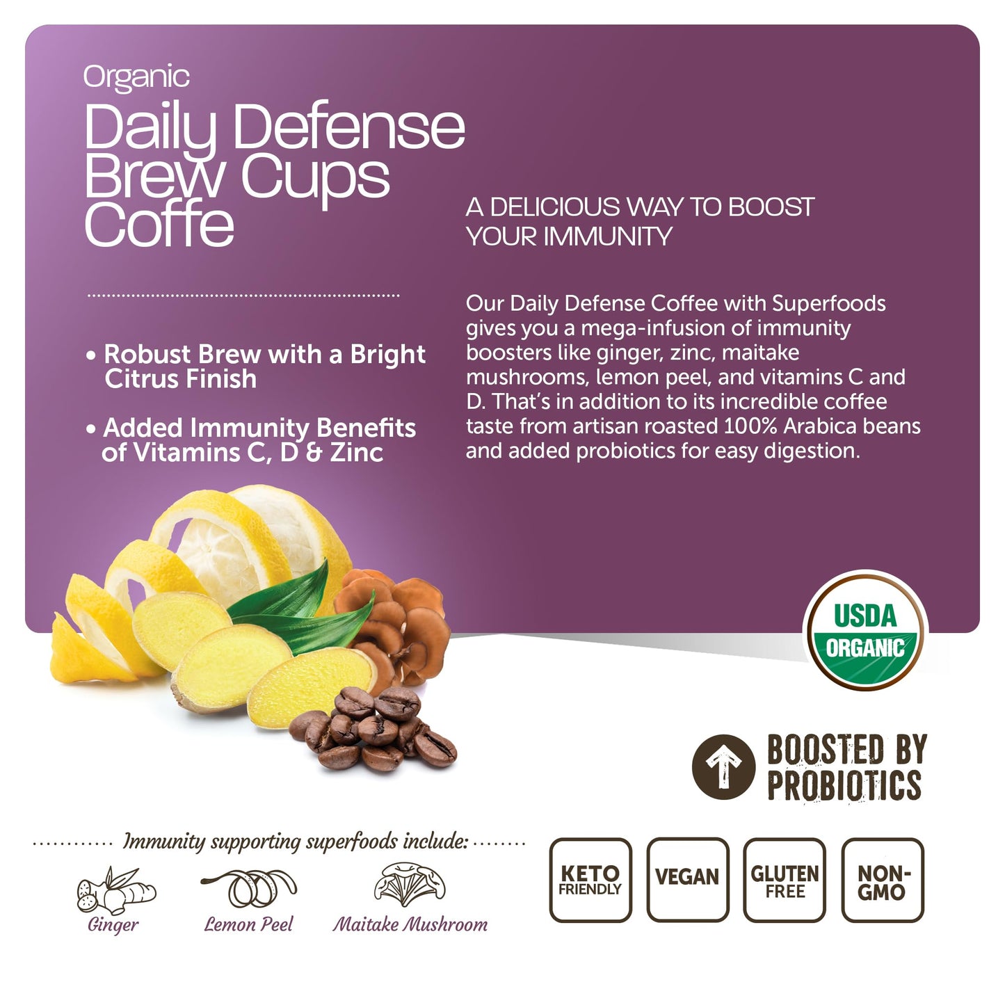 Daily Defense Organic Coffee Pods – Coffee with Maitake, Ginger Root, Lemon Peel & Superfoods – Healthy Mold Free Probiotic beverage, Vegan, Gluten Free - 10 Recyclable Single Serve K-Cups